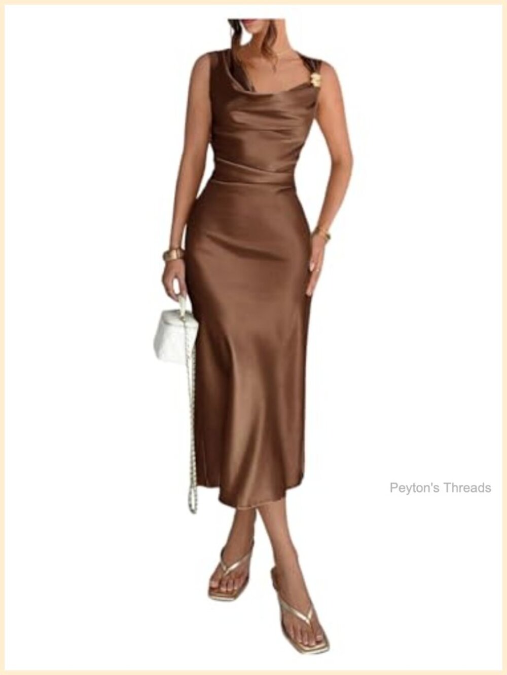 Satin Sleeveless Ruched Bodycon Midi Dress with Cowl Neck Evening Party